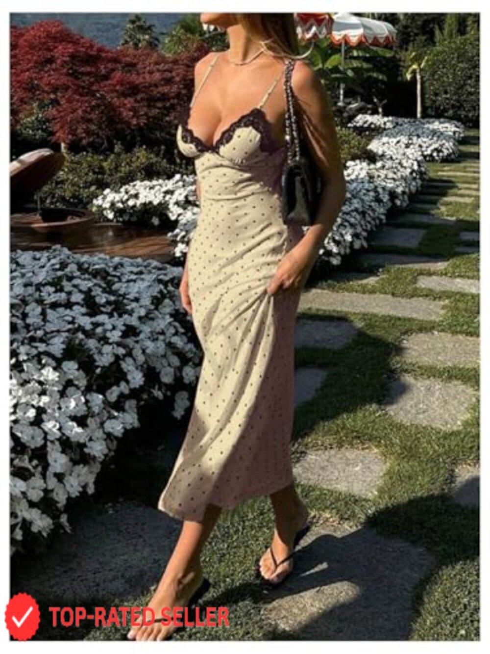 Polka Dot Maxi Dress Spaghetti Strap Lace V-Neck Sexy Summer Sundress - Picture 2 of 5